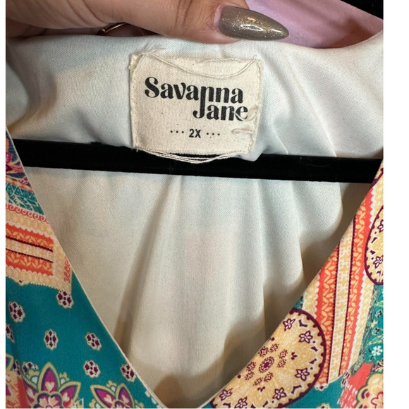 Savanah Jane Pin Teal Geo Print Mini Dress Flowey Bohemian Stretch Waist Size 2X - Picture 7 of 7